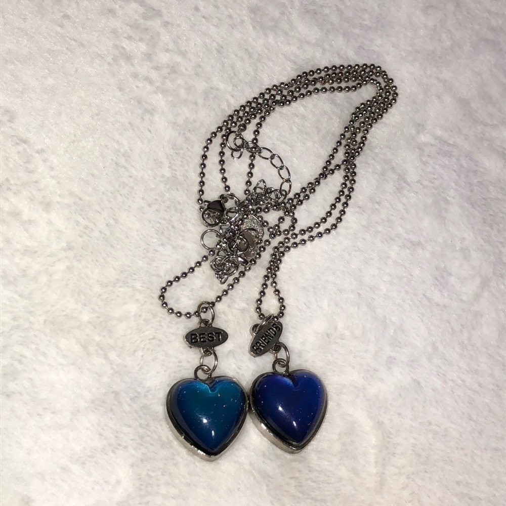 Best Friends Mood Heart Necklace Set Silver Tone‎ Ball Chain Y2K 2 Piece Pair